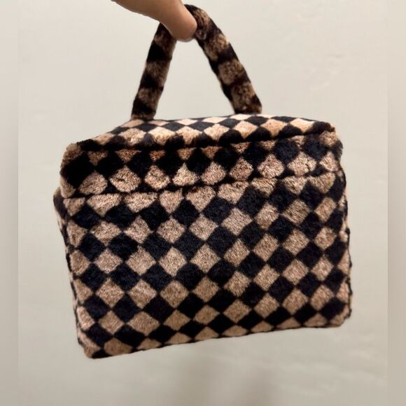 Checkerboard Real Shearling Leather Handmade Boxy Bag Set/Lamb Fur Crossbody Bag - Picture 10 of 16